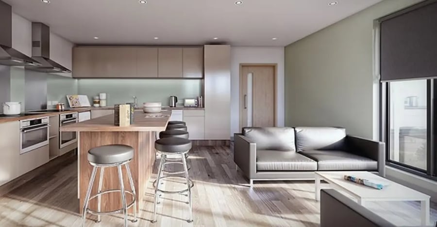 Modern kitchen and living area with sofa living room at Trinity View Coventry in Coventry Student Accommodation